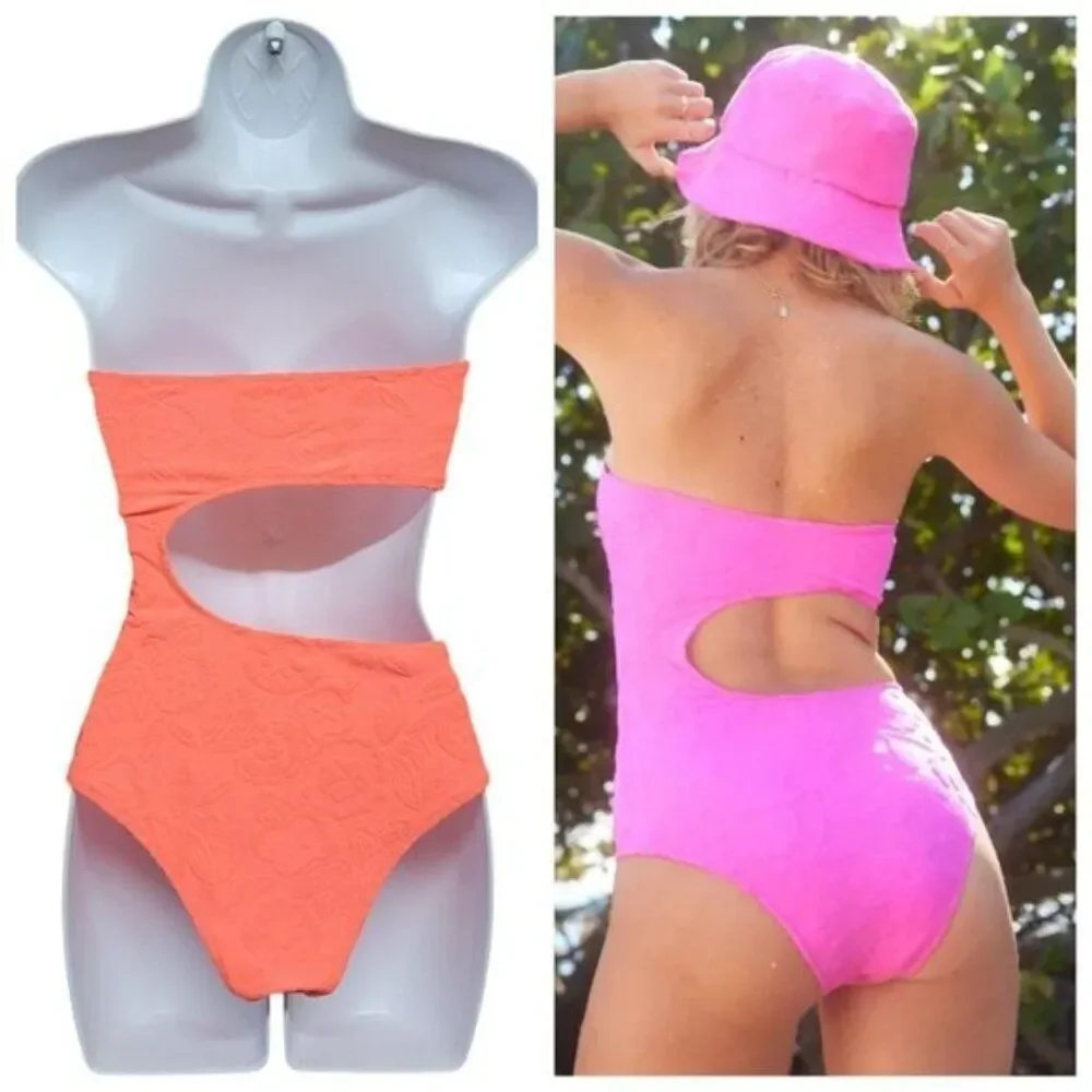 Aerie Terry Cut Out Strapless Neon‎ Orange One Piece Swimsuit S